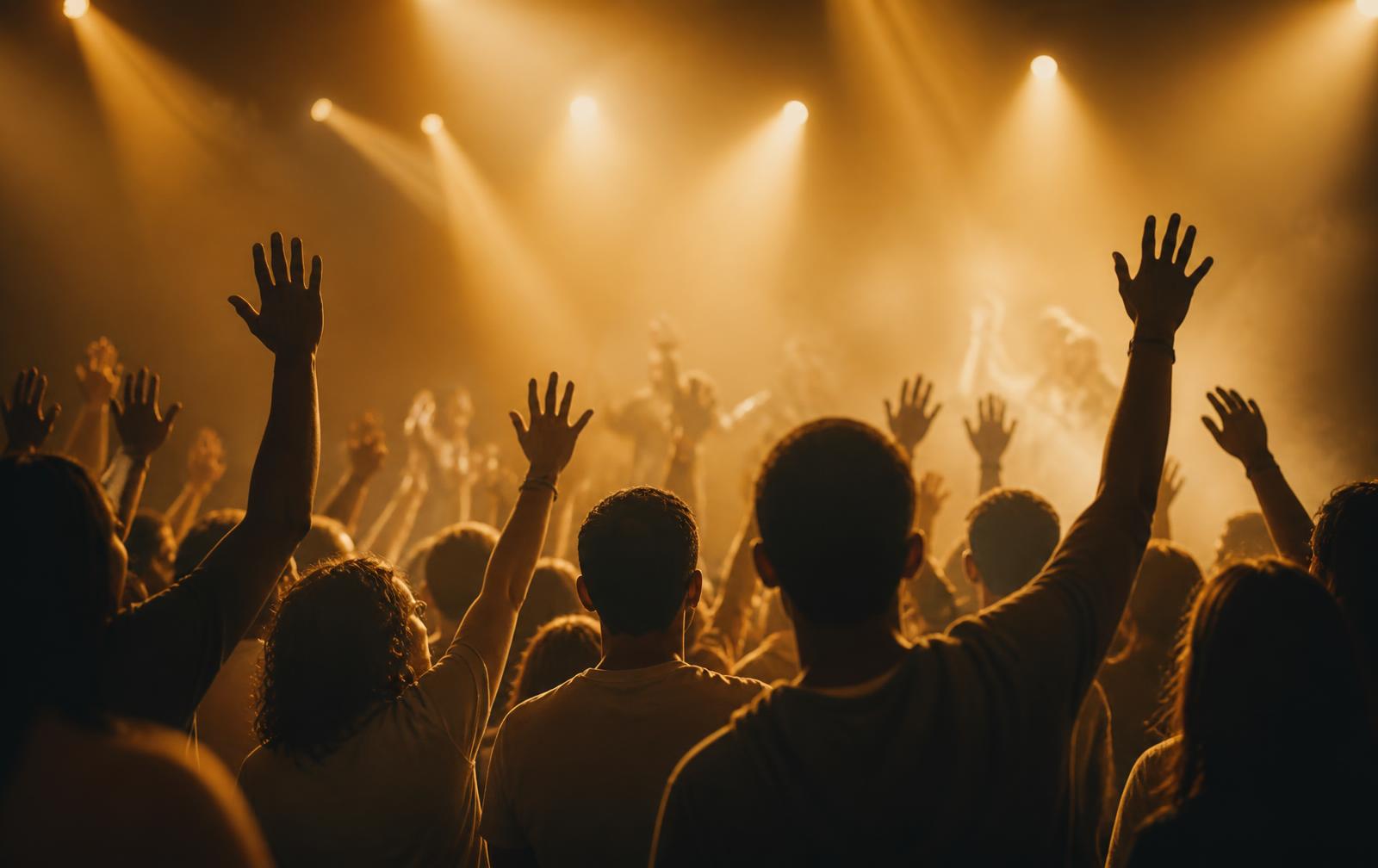 Young adults with hands raised in worship under golden stage lights
