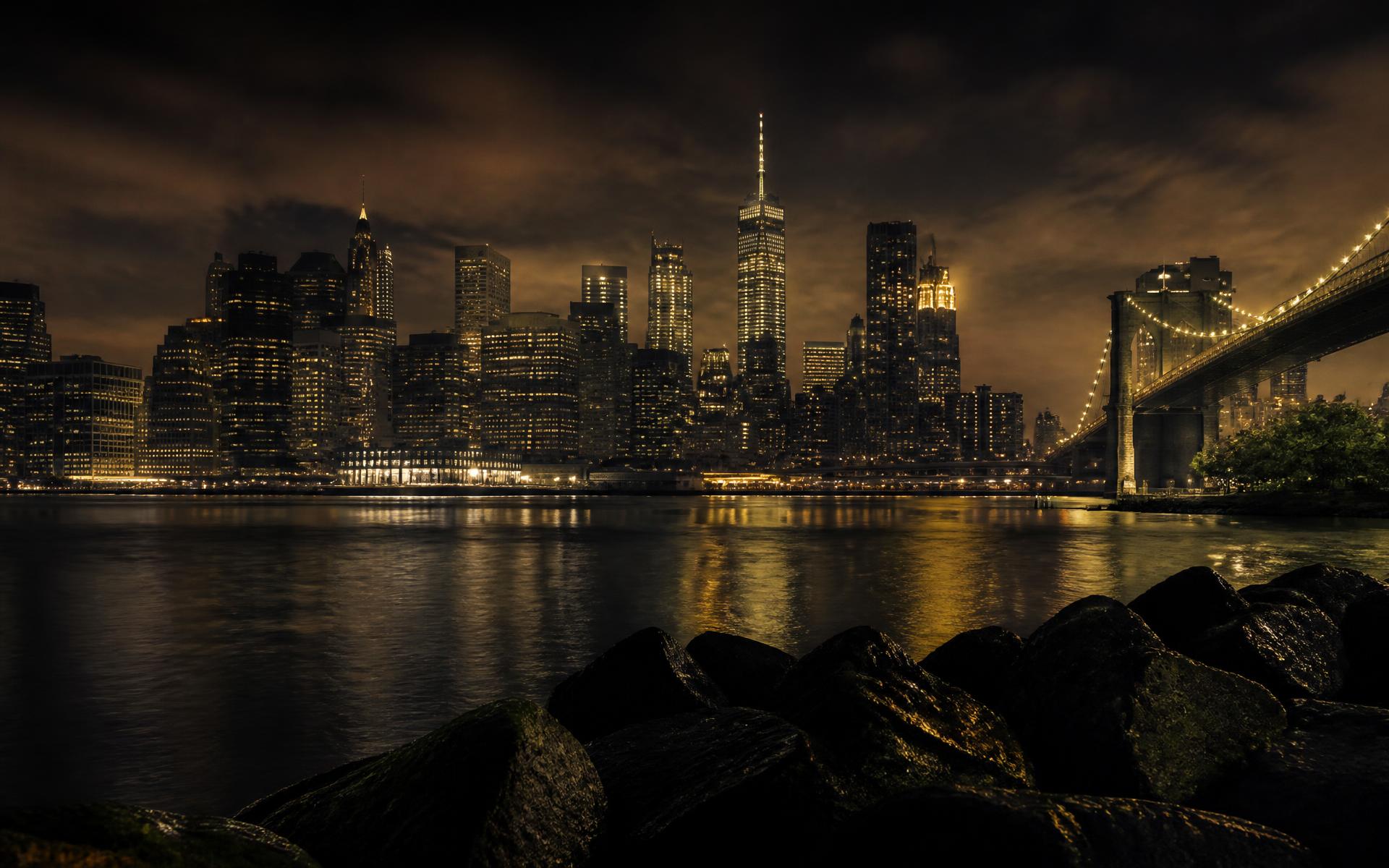 New York City skyline at night viewed from Brooklyn